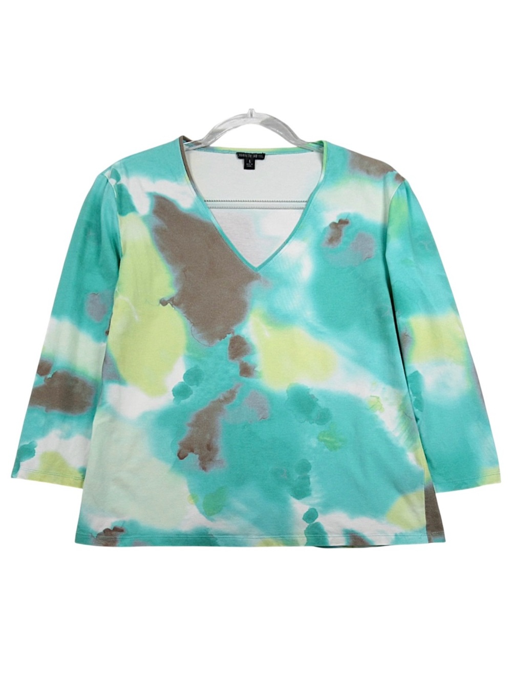 Lafayette 148 New York Teal Watercolor Multi V-Neck Long 3/4 Sleeve Top - Large
